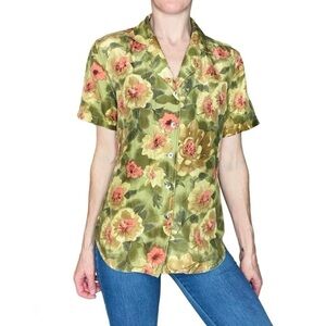 Vintage Casual Corner Green & Orange Floral Silk Button Down Shirt